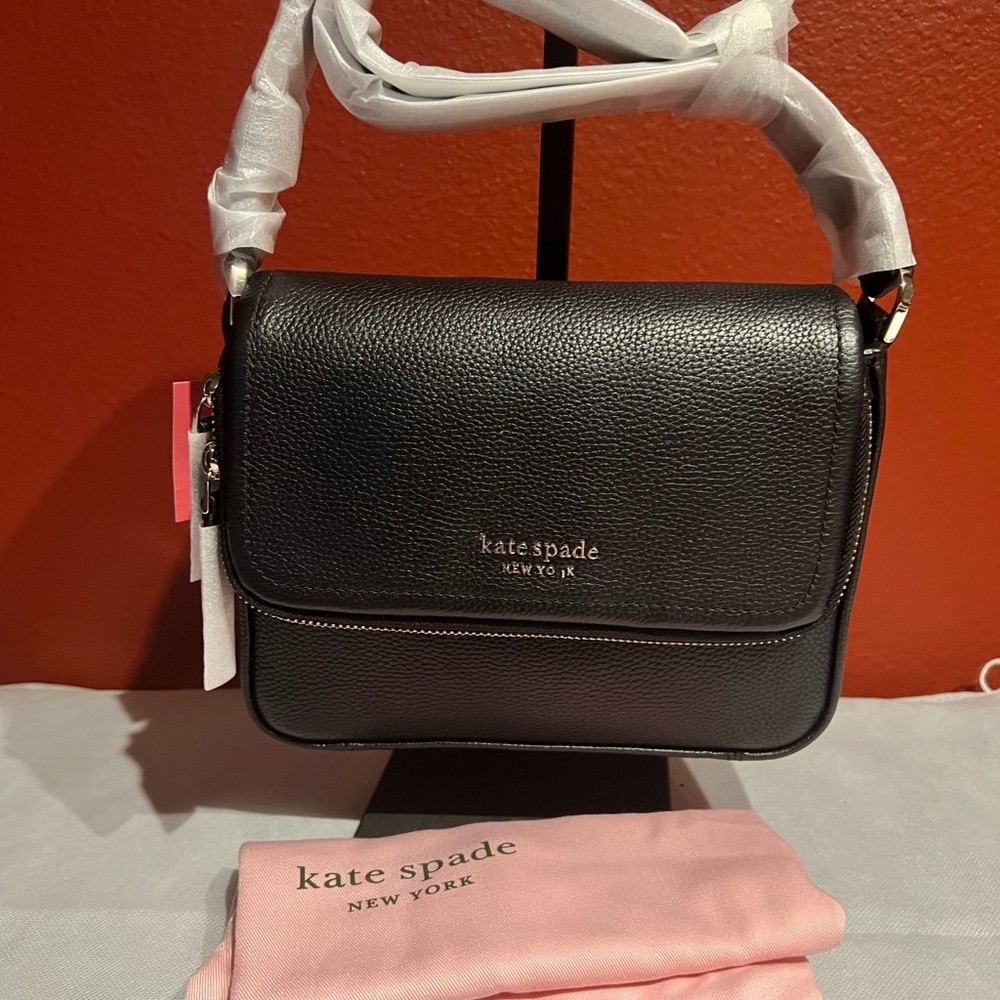 Kate Spade Run Around Large Flap Black Pebbled Leather Crossbody Bag